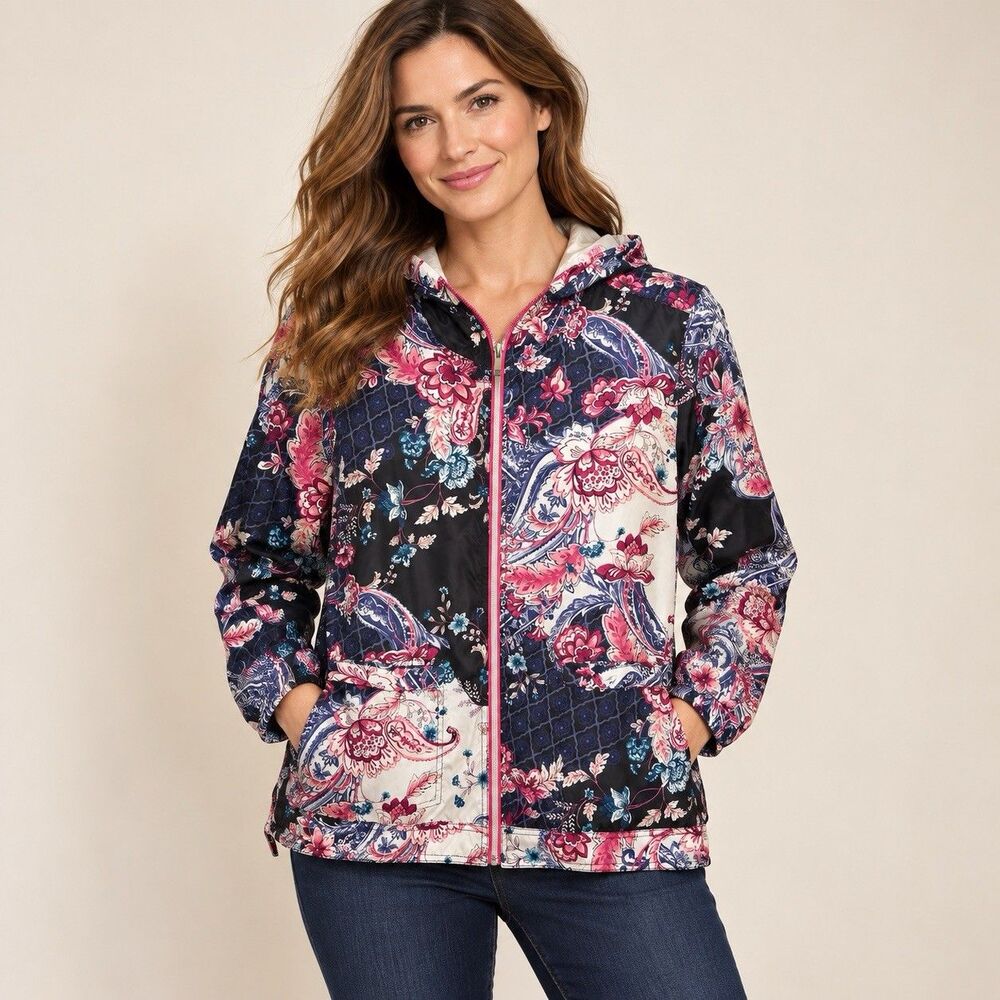 Chico’s Zenergy Size 3 Floral Paisley Hooded Zip Windbreaker Jacket Pink Navy XL